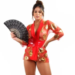 Fantasia Gueixa com Leque Lingerie Sexy Robe com Tanga Fio Dental - Imagem 2