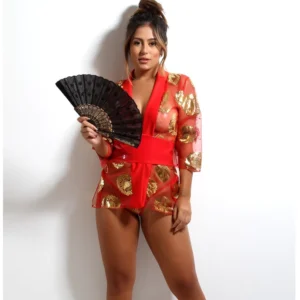 Fantasia Gueixa com Leque Lingerie Sexy Robe com Tanga Fio Dental